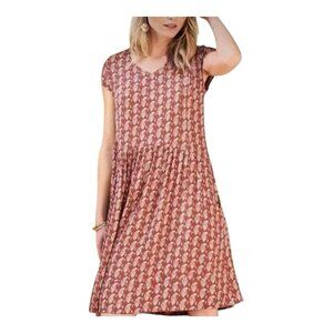 Garnet Hill Dress Sz 18 Rust White Cottagecore Boho Drop Waist Pocket V-Neck